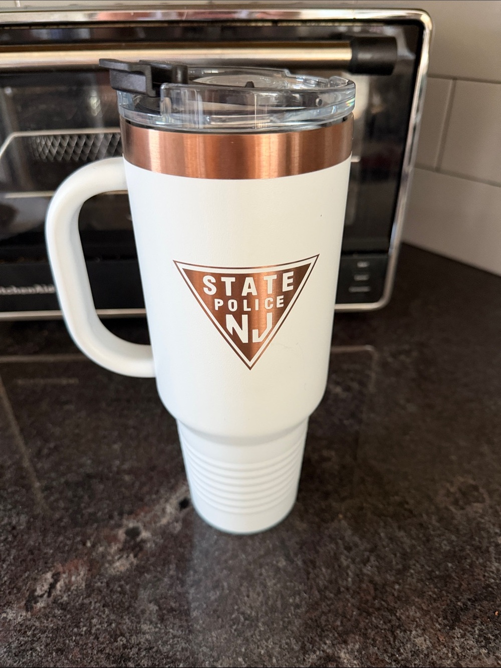 NWOT never used White and Rose Gold Travel Mug with Handle State Police NJ Logo